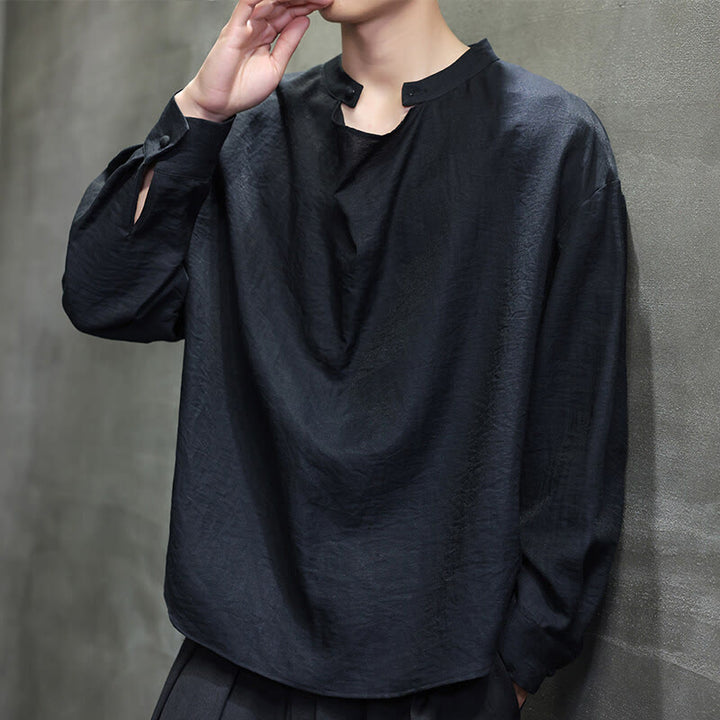 Chemise en lin à manches longues pour homme, style Tang, couleur unie, col montant plissé, motif Buddha Stones , printemps - image 9