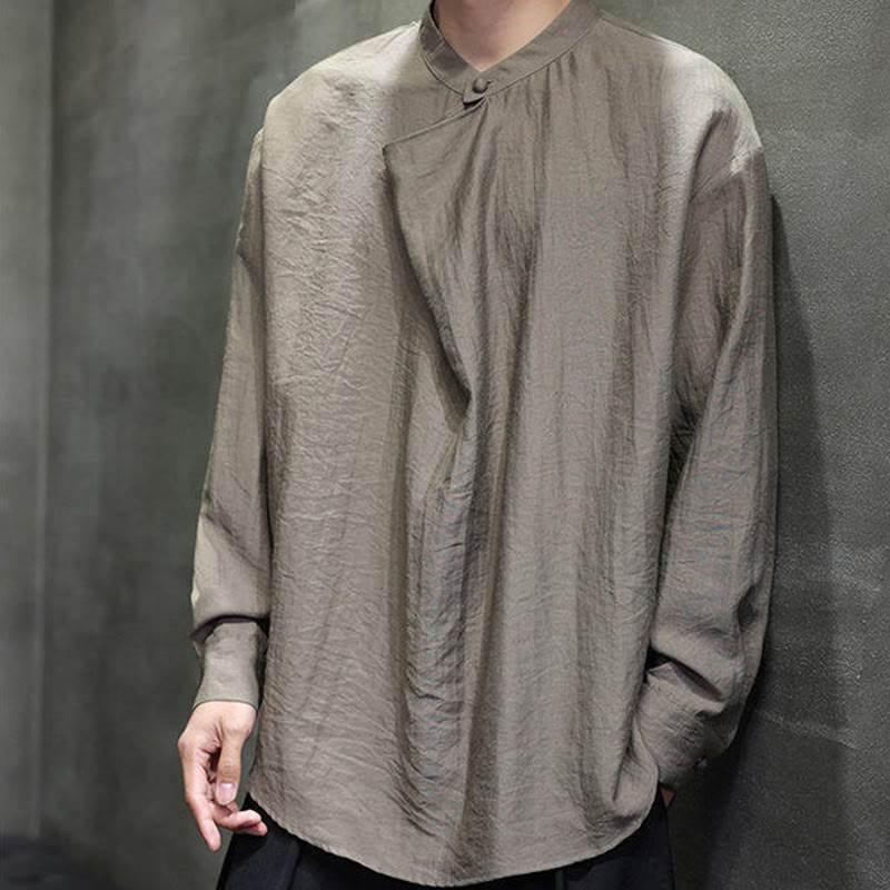 Chemise en lin à manches longues pour homme, style Tang, couleur unie, col montant plissé, motif Buddha Stones , printemps - image 2