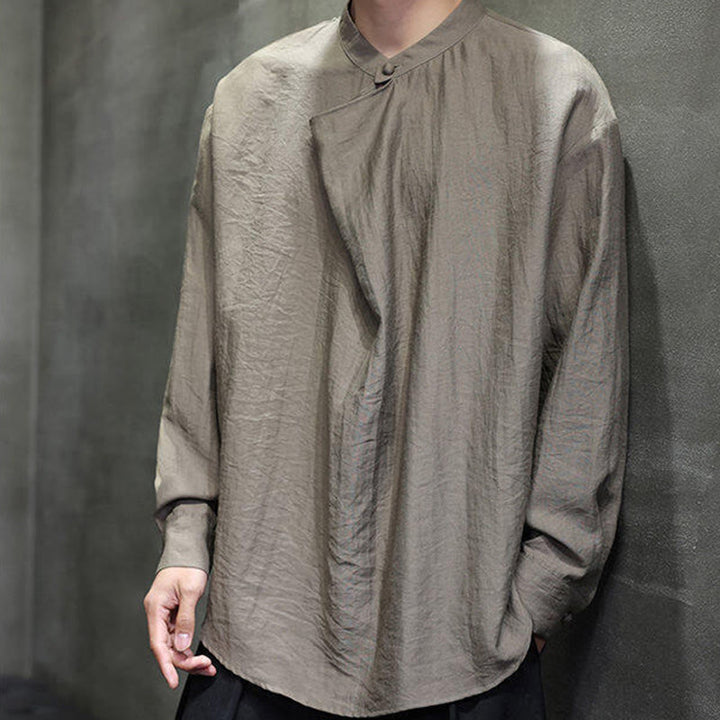Chemise en lin à manches longues pour homme, style Tang, couleur unie, col montant plissé, motif Buddha Stones , printemps - image 2