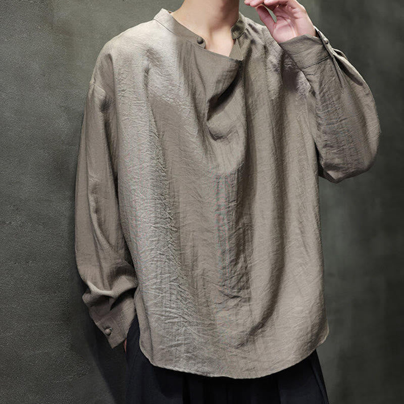 Chemise en lin à manches longues pour homme, style Tang, couleur unie, col montant plissé, motif Buddha Stones , printemps - image 6