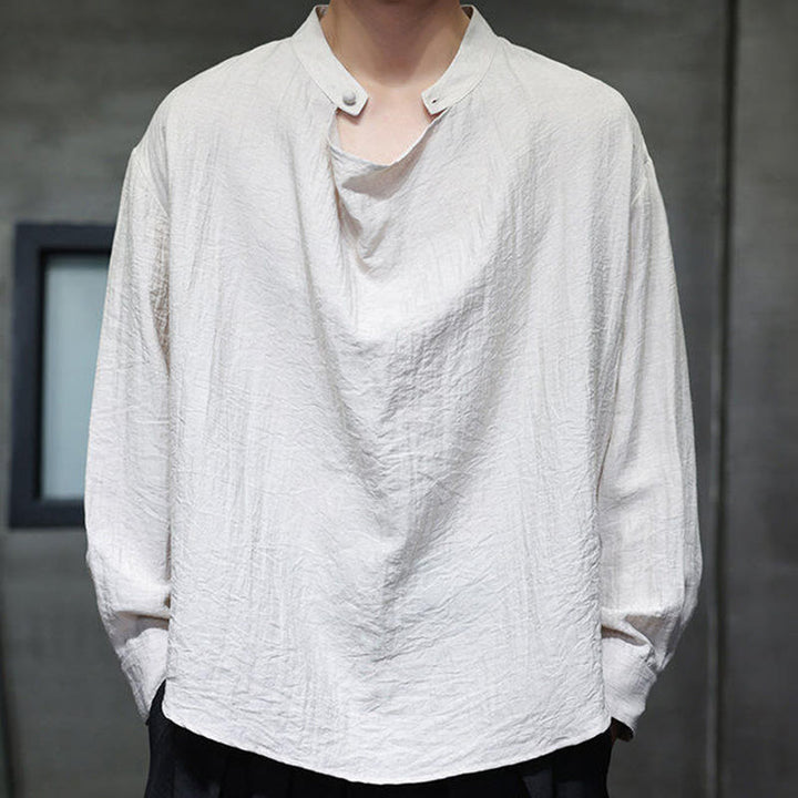 Chemise en lin à manches longues pour homme, style Tang, couleur unie, col montant plissé, motif Buddha Stones , printemps - image 21