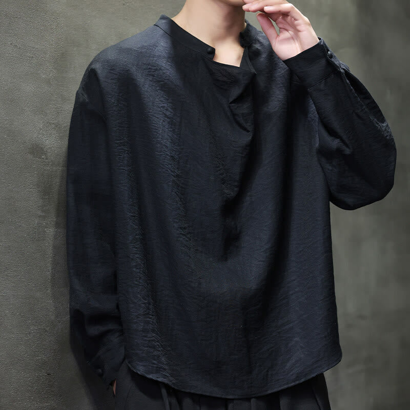 Chemise en lin à manches longues pour homme, style Tang, couleur unie, col montant plissé, motif Buddha Stones , printemps - image 13