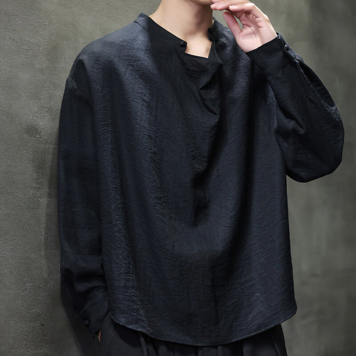 Chemise en lin à manches longues pour homme, style Tang, couleur unie, col montant plissé, motif Buddha Stones , printemps - image 13