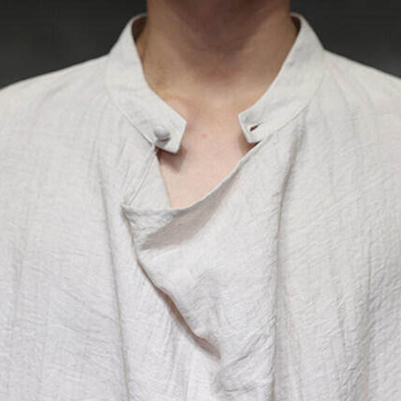 Chemise en lin à manches longues pour homme, style Tang, couleur unie, col montant plissé, motif Buddha Stones , printemps - image 23