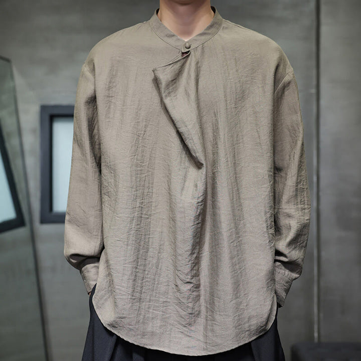 Chemise en lin à manches longues pour homme, style Tang, couleur unie, col montant plissé, motif Buddha Stones , printemps - image 3