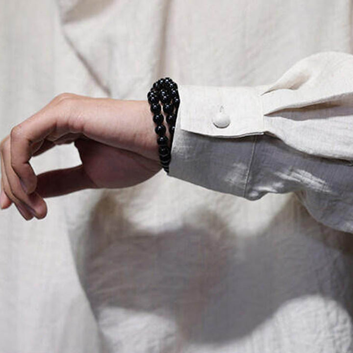 Chemise en lin à manches longues pour homme, style Tang, couleur unie, col montant plissé, motif Buddha Stones , printemps - image 24