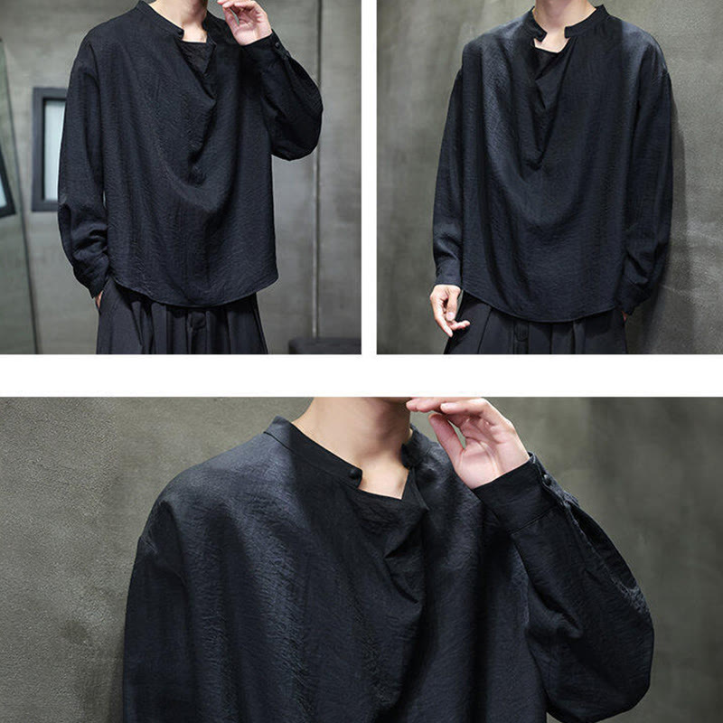 Chemise en lin à manches longues pour homme, style Tang, couleur unie, col montant plissé, motif Buddha Stones , printemps - image 16