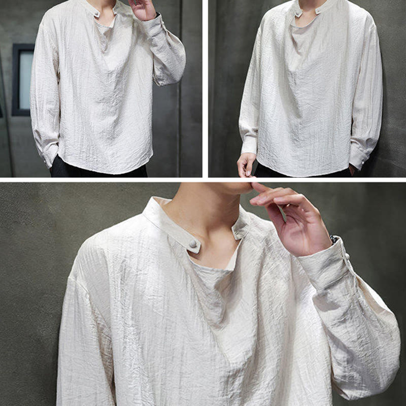Chemise en lin à manches longues pour homme, style Tang, couleur unie, col montant plissé, motif Buddha Stones , printemps - image 25