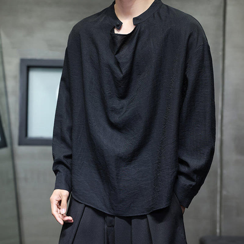 Chemise en lin à manches longues pour homme, style Tang, couleur unie, col montant plissé, motif Buddha Stones , printemps - Noir - US/UK/AU46，EU56 (5XL) - image 8