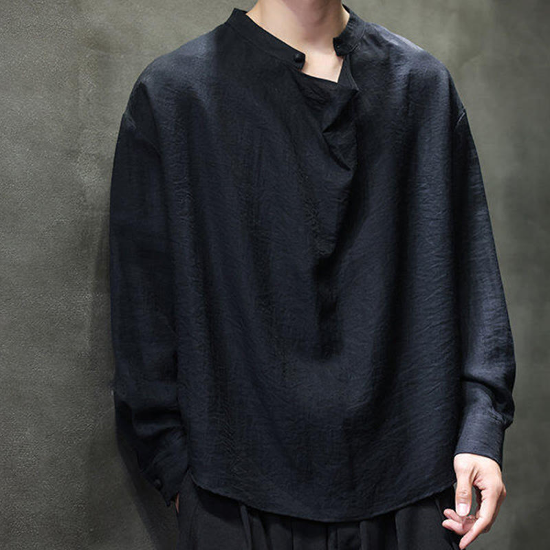 Chemise en lin à manches longues pour homme, style Tang, couleur unie, col montant plissé, motif Buddha Stones , printemps - image 12