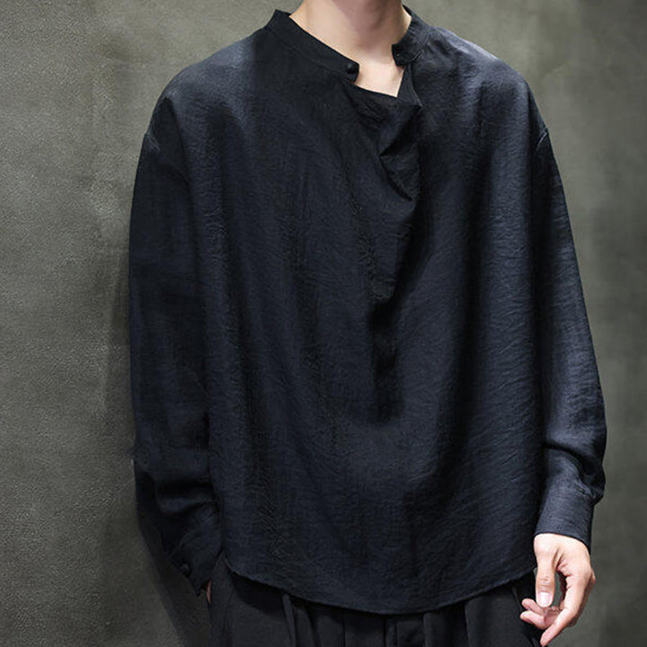 Chemise en lin à manches longues pour homme, style Tang, couleur unie, col montant plissé, motif Buddha Stones , printemps - image 12