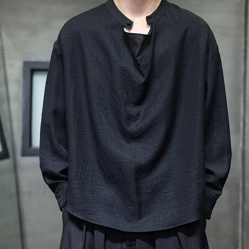 Chemise en lin à manches longues pour homme, style Tang, couleur unie, col montant plissé, motif Buddha Stones , printemps - image 10