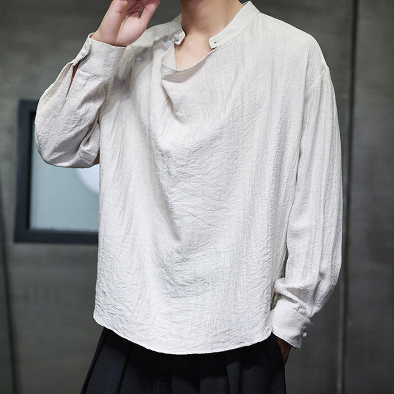 Chemise en lin à manches longues pour homme, style Tang, couleur unie, col montant plissé, motif Buddha Stones , printemps - image 20