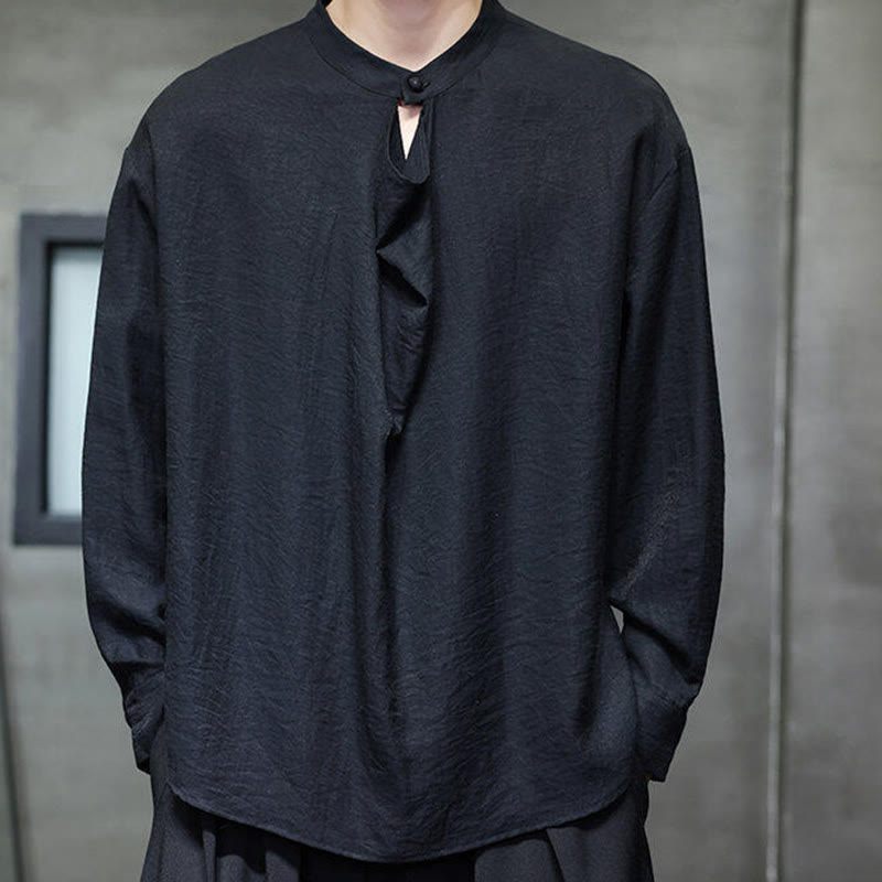 Chemise en lin à manches longues pour homme, style Tang, couleur unie, col montant plissé, motif Buddha Stones , printemps - image 11