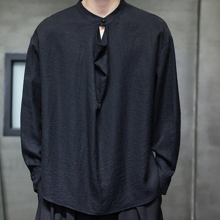 Chemise en lin à manches longues pour homme, style Tang, couleur unie, col montant plissé, motif Buddha Stones , printemps - image 11