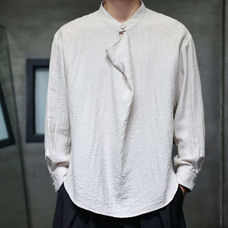 Chemise en lin à manches longues pour homme, style Tang, couleur unie, col montant plissé, motif Buddha Stones , printemps - image 19