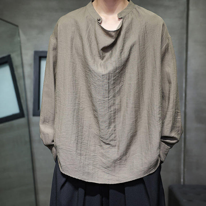 Chemise en lin à manches longues pour homme, style Tang, couleur unie, col montant plissé, motif Buddha Stones , printemps - Kaki foncé - US/UK/AU46，EU56 (5XL) - image 0