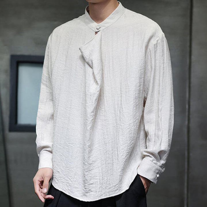 Chemise en lin à manches longues pour homme, style Tang, couleur unie, col montant plissé, motif Buddha Stones , printemps - FloralBlanc - US/UK/AU46，EU56 (5XL) - image 17