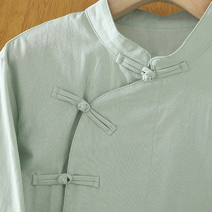 Chemise en coton décontractée vintage à lacets et boutons grenouille chinois pour femme, motif patchwork, motif Buddha Stones - image 2