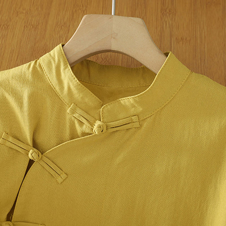 Chemise en coton décontractée vintage à lacets et boutons grenouille chinois pour femme, motif patchwork, motif Buddha Stones - image 7