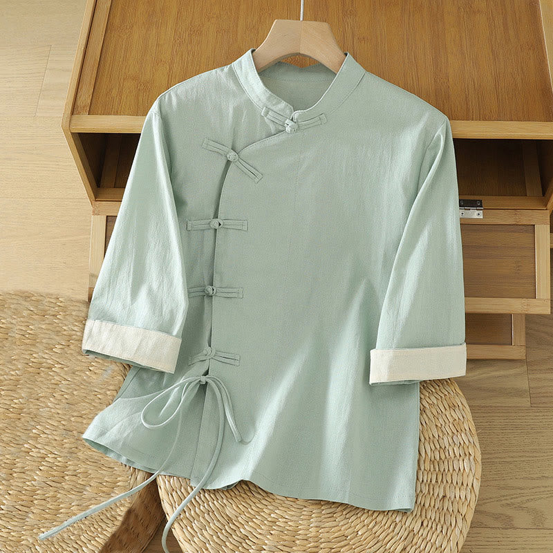 Chemise en coton décontractée vintage à lacets et boutons grenouille chinois pour femme, motif patchwork, motif Buddha Stones - Bleu vert - US8-10，UK/AU12-14，EU40-42 (2XL) - image 0