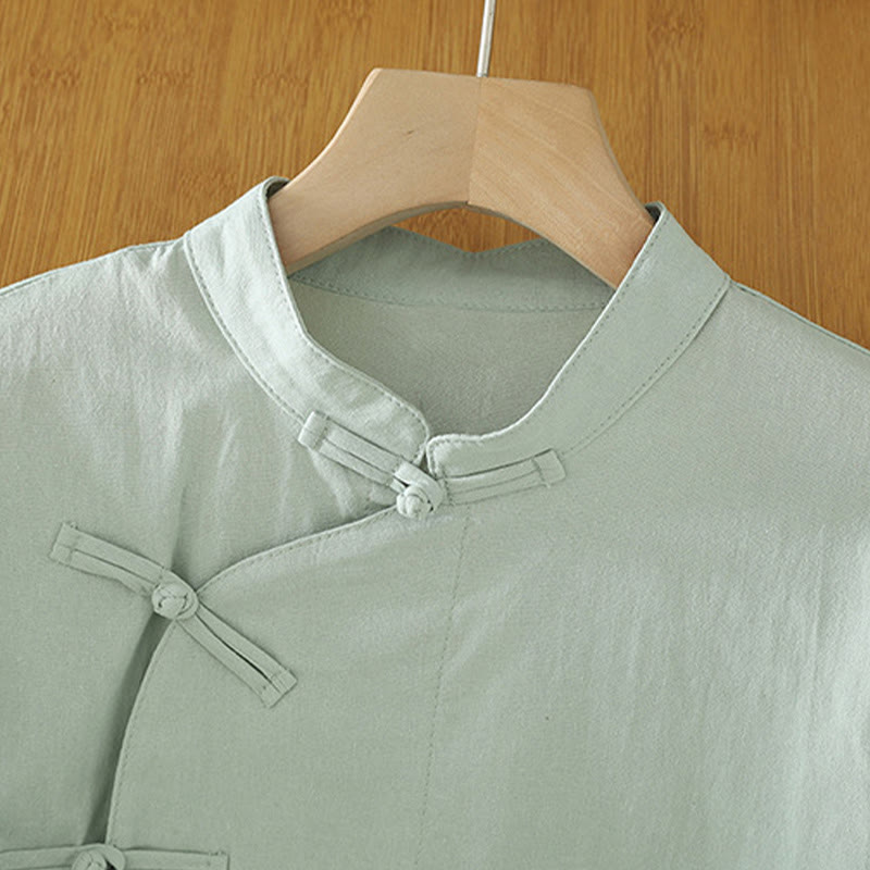 Chemise en coton décontractée vintage à lacets et boutons grenouille chinois pour femme, motif patchwork, motif Buddha Stones - image 1