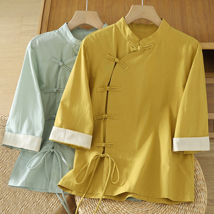 Chemise en coton décontractée vintage à lacets et boutons grenouille chinois pour femme, motif patchwork, motif Buddha Stones - image 16