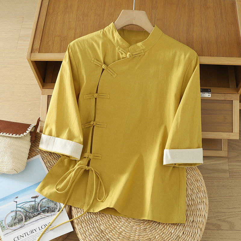 Chemise en coton décontractée vintage à lacets et boutons grenouille chinois pour femme, motif patchwork, motif Buddha Stones - Or - US8-10，UK/AU12-14，EU40-42 (2XL) - image 5