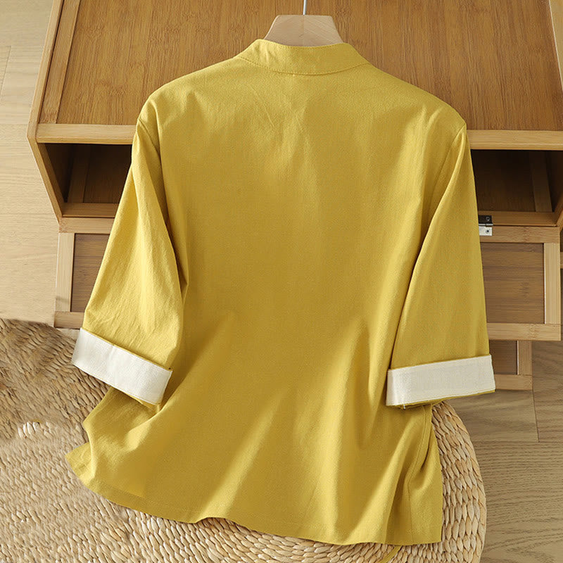 Chemise en coton décontractée vintage à lacets et boutons grenouille chinois pour femme, motif patchwork, motif Buddha Stones - image 6