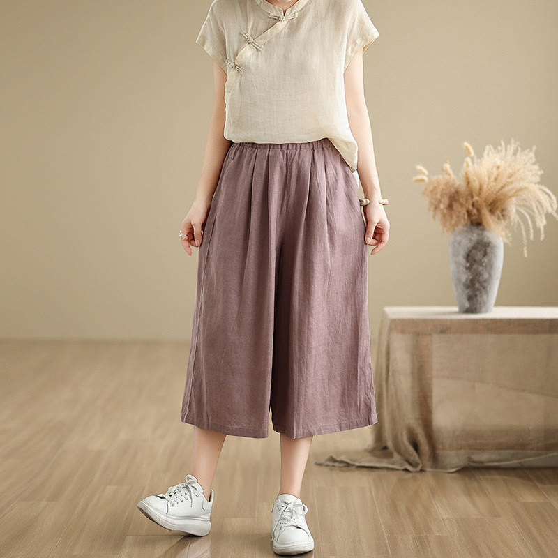 Pantalon court ample en coton avec poches pour femme, Buddha Stones patchwork de couleur unie, design simple, été - image 3