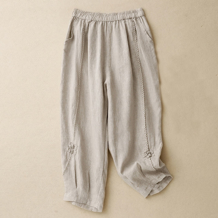 Pantalon d'été en coton et lin pour femme, taille haute, avec poches, en dentelle et boutons grenouille, Buddha Stones