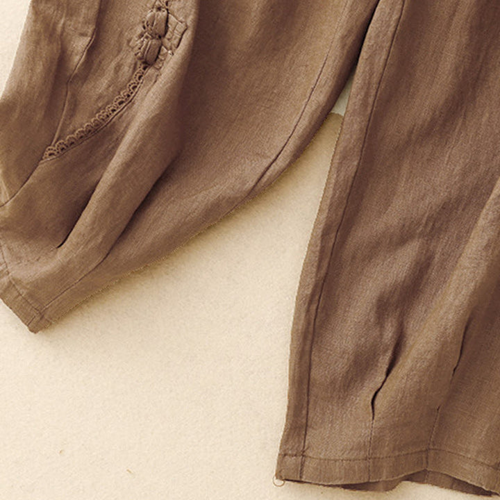 Pantalon d'été en coton et lin pour femme, taille haute, avec poches, en dentelle et boutons grenouille, Buddha Stones