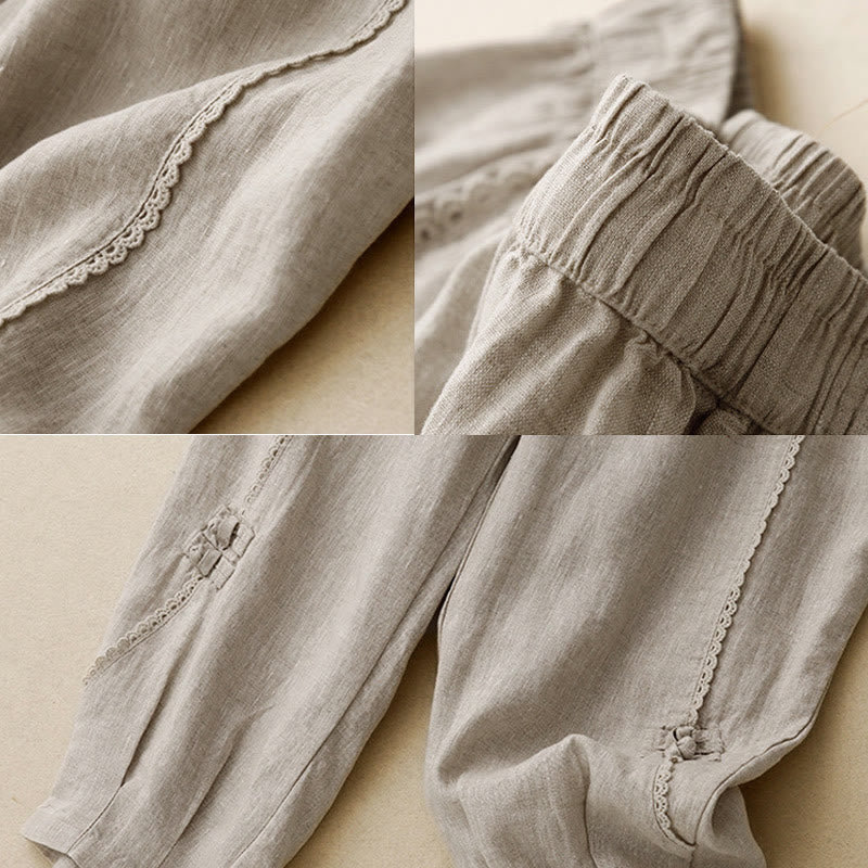Pantalon d'été en coton et lin pour femme, taille haute, avec poches, en dentelle et boutons grenouille, Buddha Stones
