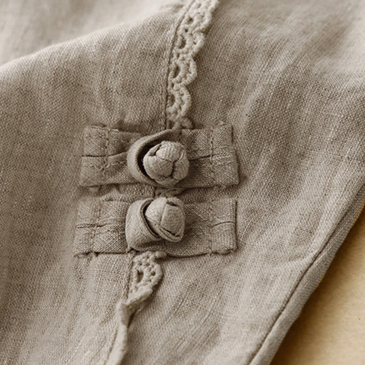 Pantalon d'été en coton et lin pour femme, taille haute, avec poches, en dentelle et boutons grenouille, Buddha Stones - image 5