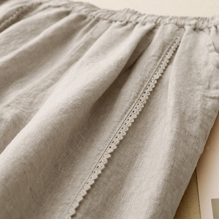 Pantalon d'été en coton et lin pour femme, taille haute, avec poches, en dentelle et boutons grenouille, Buddha Stones - image 3