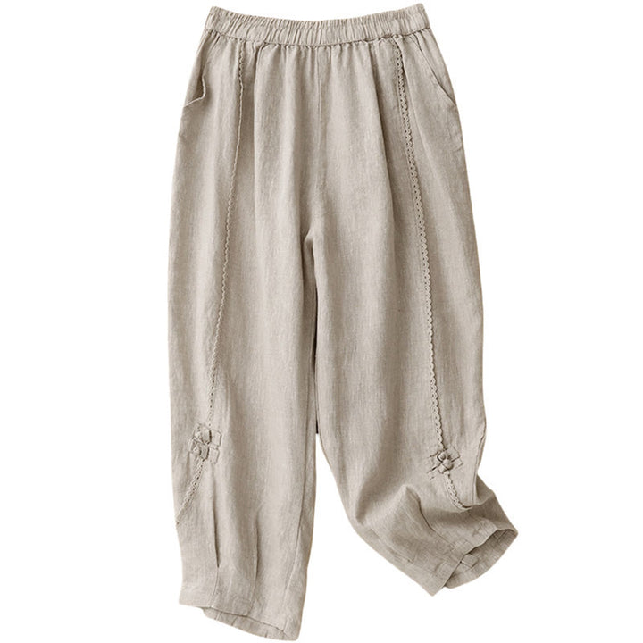 Pantalon d'été en coton et lin pour femme, taille haute, avec poches, en dentelle et boutons grenouille, Buddha Stones