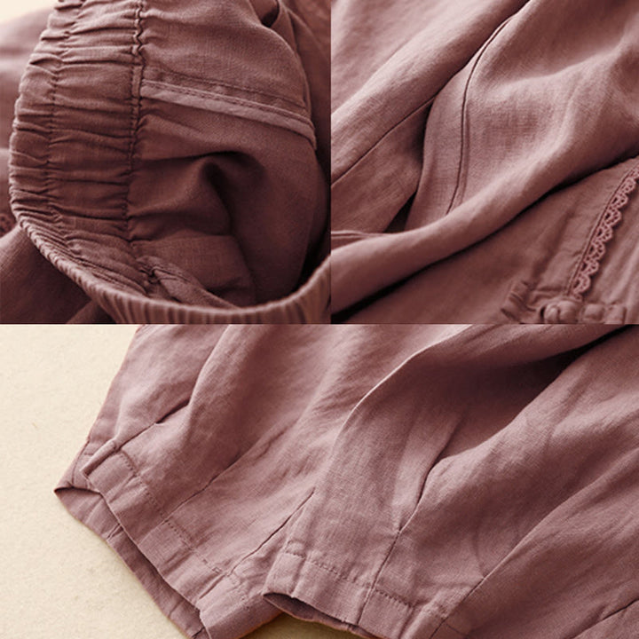 Pantalon d'été en coton et lin pour femme, taille haute, avec poches, en dentelle et boutons grenouille, Buddha Stones