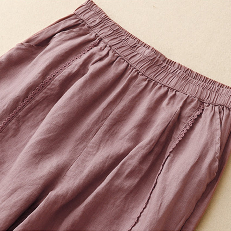 Pantalon d'été en coton et lin pour femme, taille haute, avec poches, en dentelle et boutons grenouille, Buddha Stones