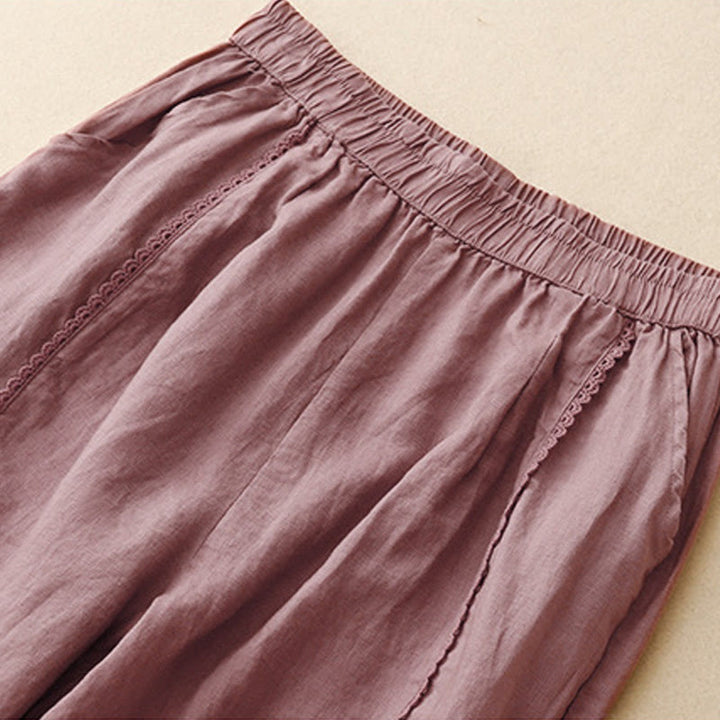 Pantalon d'été en coton et lin pour femme, taille haute, avec poches, en dentelle et boutons grenouille, Buddha Stones