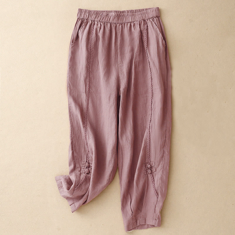 Pantalon d'été en coton et lin pour femme, taille haute, avec poches, en dentelle et boutons grenouille, Buddha Stones
