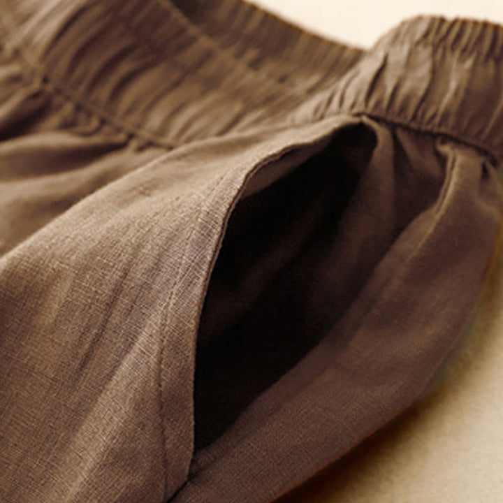 Pantalon d'été en coton et lin pour femme, taille haute, avec poches, en dentelle et boutons grenouille, Buddha Stones