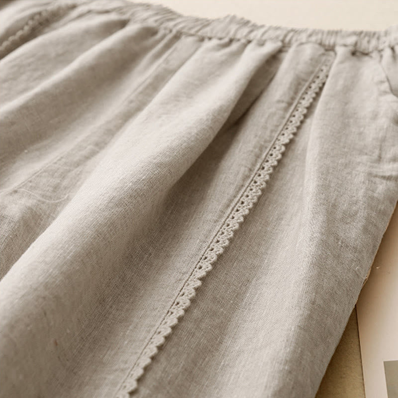 Pantalon d'été en coton et lin pour femme, taille haute, avec poches, en dentelle et boutons grenouille, Buddha Stones