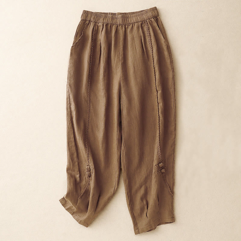 Pantalon d'été en coton et lin pour femme, taille haute, avec poches, en dentelle et boutons grenouille, Buddha Stones