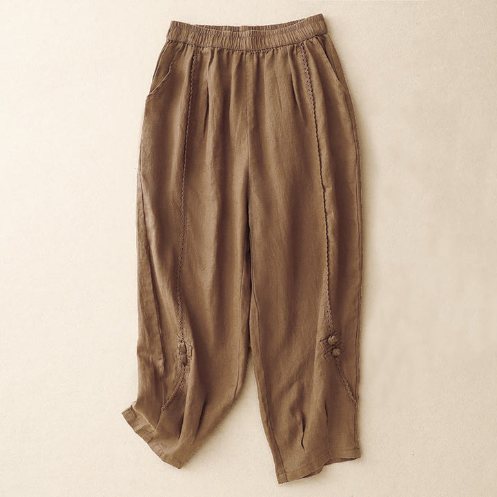 Pantalon d'été en coton et lin pour femme, taille haute, avec poches, en dentelle et boutons grenouille, Buddha Stones