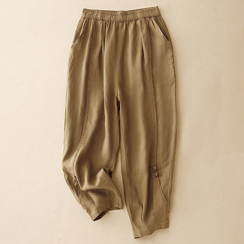 Pantalon d'été en coton et lin pour femme, taille haute, avec poches, en dentelle et boutons grenouille, Buddha Stones