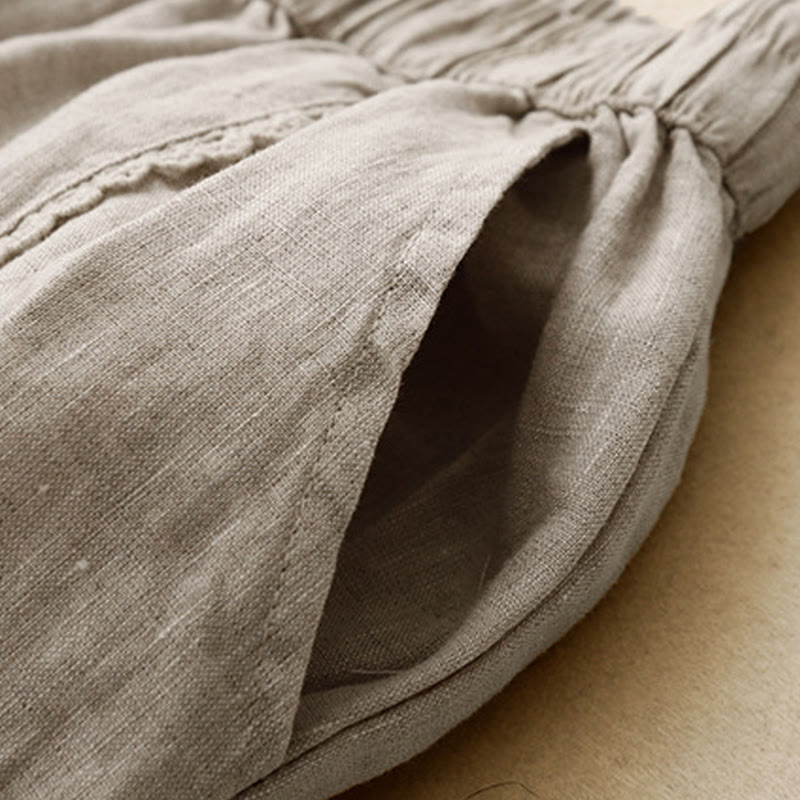 Pantalon d'été en coton et lin pour femme, taille haute, avec poches, en dentelle et boutons grenouille, Buddha Stones