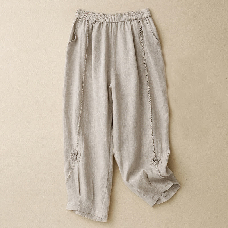 Pantalon d'été en coton et lin pour femme, taille haute, avec poches, en dentelle et boutons grenouille, Buddha Stones - Lin - US8-10，UK/AU12-14，EU40-42 (2XL) - image 0