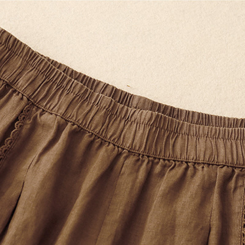 Pantalon d'été en coton et lin pour femme, taille haute, avec poches, en dentelle et boutons grenouille, Buddha Stones