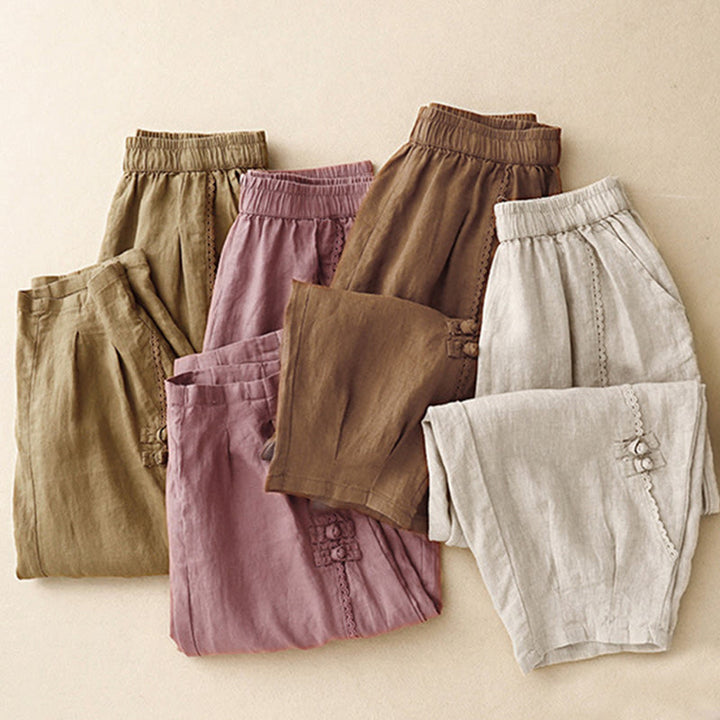 Pantalon d'été en coton et lin pour femme, taille haute, avec poches, en dentelle et boutons grenouille, Buddha Stones