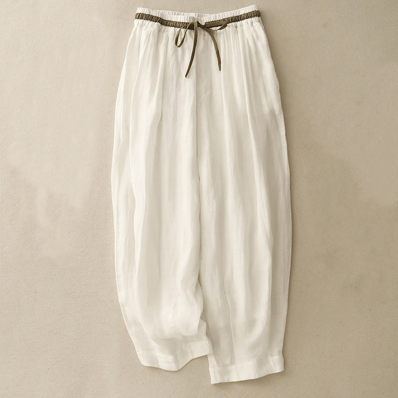 Pantalon sarouel en coton et lin pour femme, style vintage, décontracté, assorti, avec cordon de serrage, avec poches, motif Buddha Stones - Blanc - US8-10，UK/AU12-14，EU40-42 (2XL) - image 0